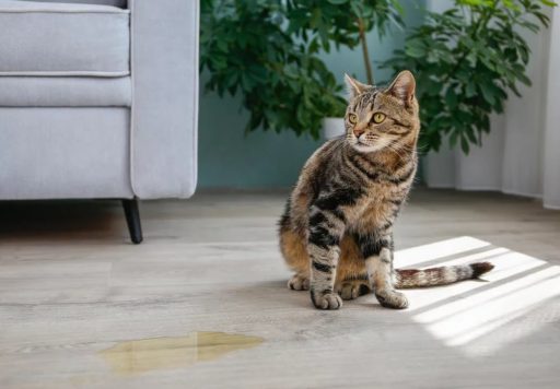 Cat urine on wood floor showing a fresh pet accident that can lead to odor staining and finish damage if not cleaned quickly