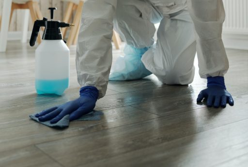 Deep cleaning wood floor during chemical stain removal with protective gloves and cleaning solution