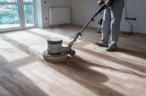 Floor buffer sanding hardwood floor to smooth surface and remove swirl marks