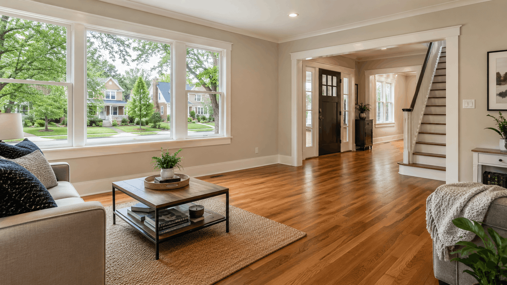 Freshly refinished hardwood floors in a bright Columbus, OH home with large windows and a quiet residential neighborhood view.