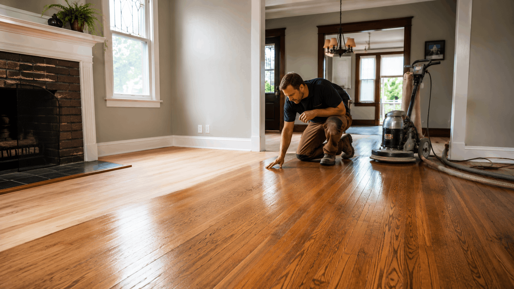 Professional hardwood floor refinisher inspecting newly sanded and refinished wood floors inside a Columbus home.