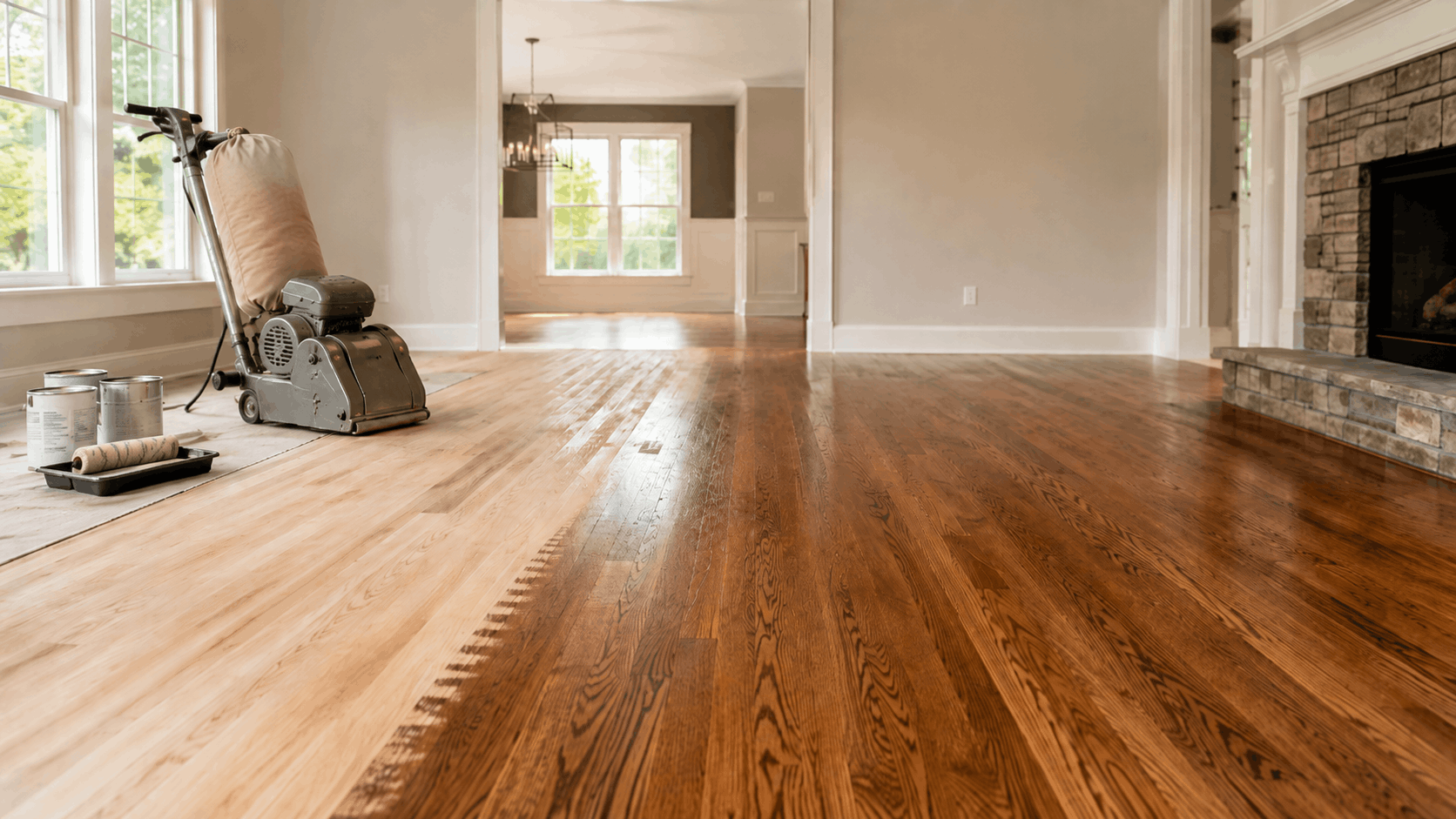 Hardwood floor refinishing in progress with sanding equipment, finish supplies, and partially restored wood flooring in a bright home interior.