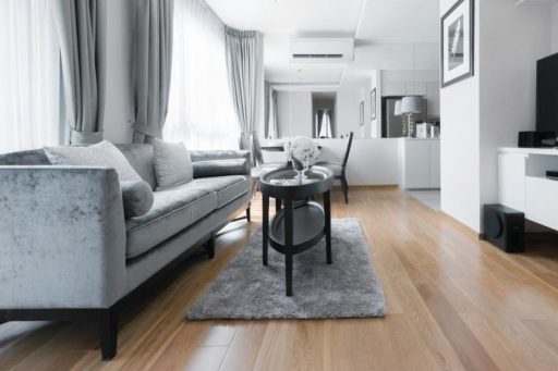 Bright condo apartment with natural hardwood floors in the living area